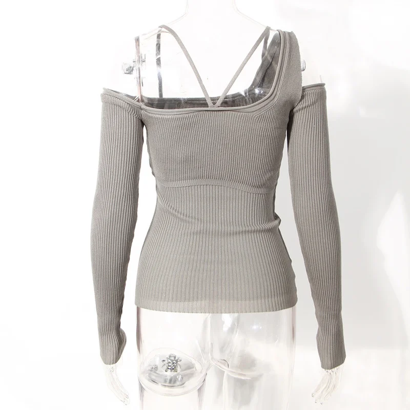 Женский трикотажный короткий топ DEAT с открытыми плечами и длинными рукавами WO51902L