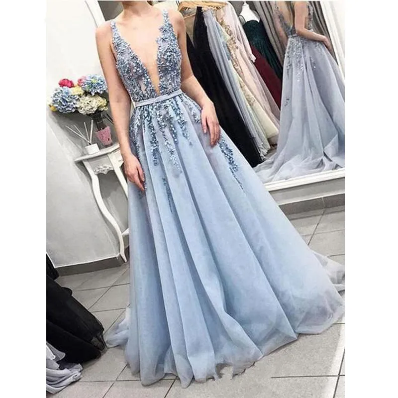 

Sexy V-Neck Appliques Lace Beading Blue Prom Dresses Long 2020 Backless Tulle A-line Evening Dress Vestido De Festa Longo