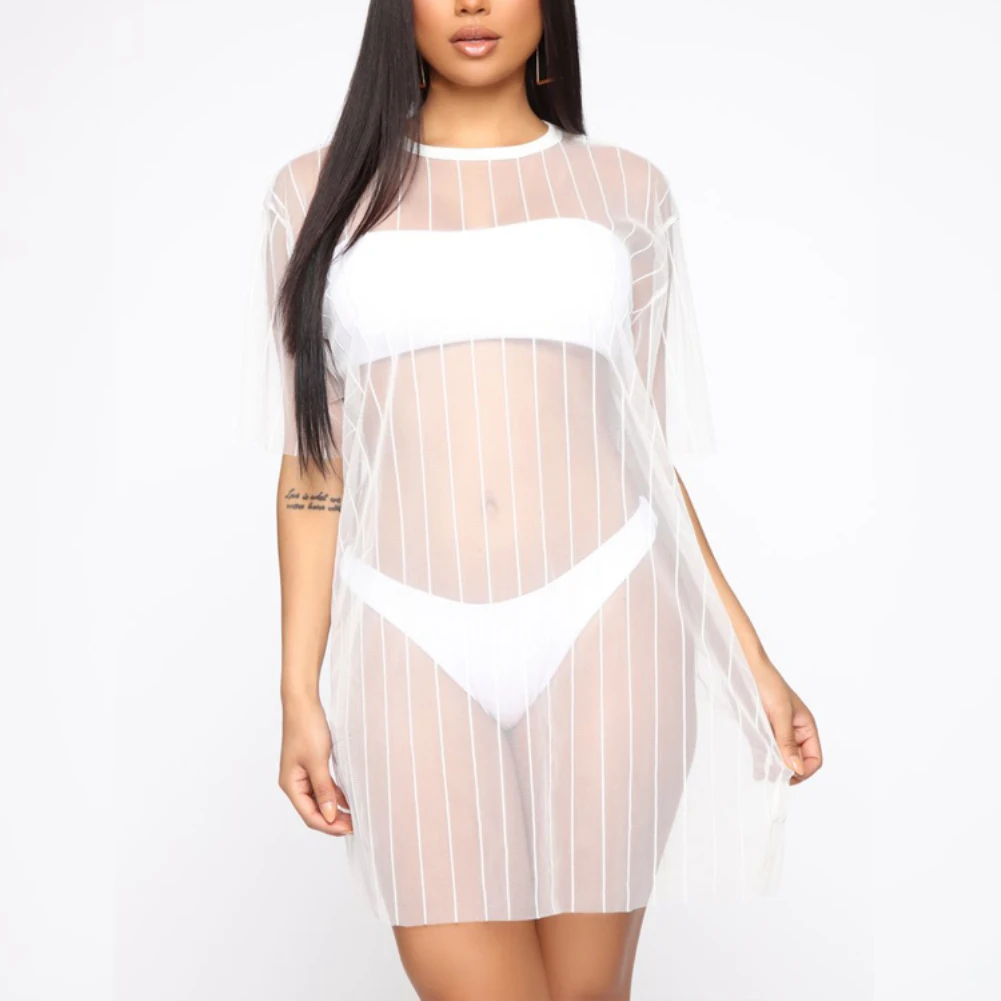 

Sexy Women See Through Short Sleeve Cover-up Sunscreen Beach Bikini Cover Dress See Through Design Cover Up Dress