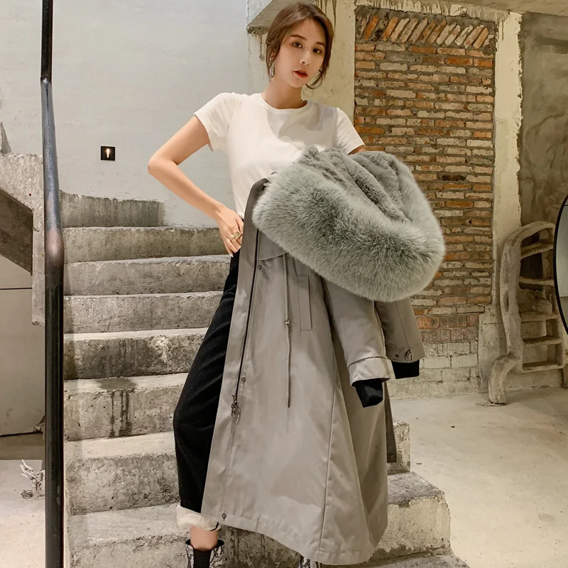 2020 New Winter Woman Parkas Real Fur Jackets with Fox Fur Collar Hood Coat Detachable Rex Rabbit Fur Liner Streetwear Women