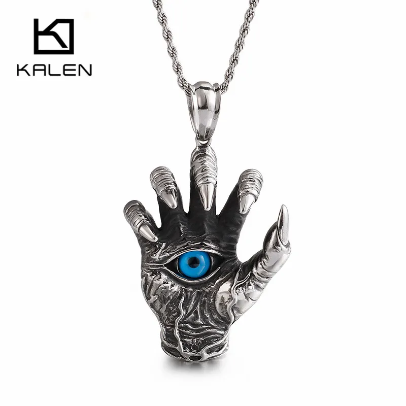

KALEN Punk Stainless Steel Skull Hand Pendant Necklace For Men Heavy Giant Ghost Claw Charm Chain Choker Homme Gothic Jewelry
