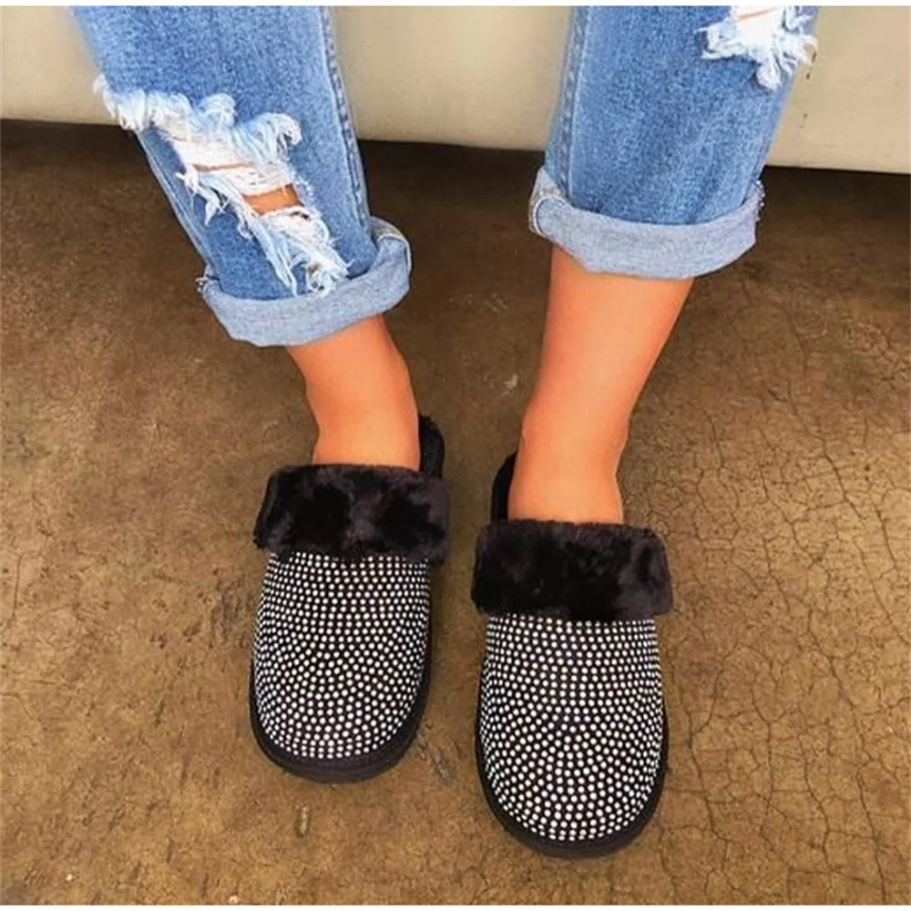 

Furry Slides For Women 2021 Autumn Winter Rhinestone Comfortable Ladies Indoor Slippers House Flat Female Shoes