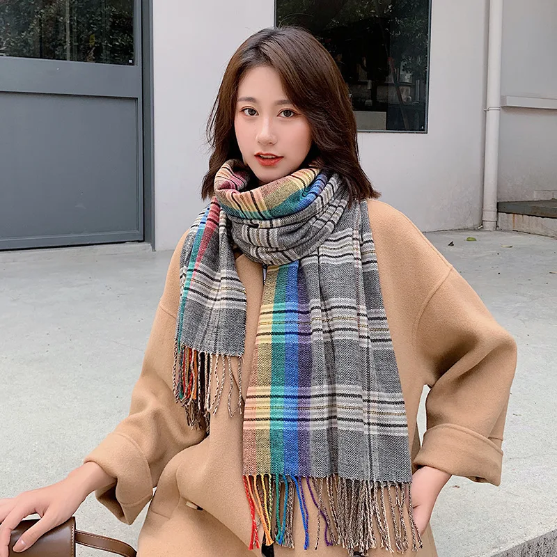 Женский теплый шарф в Корейском стиле зимняя плотная Радужная шаль двойного