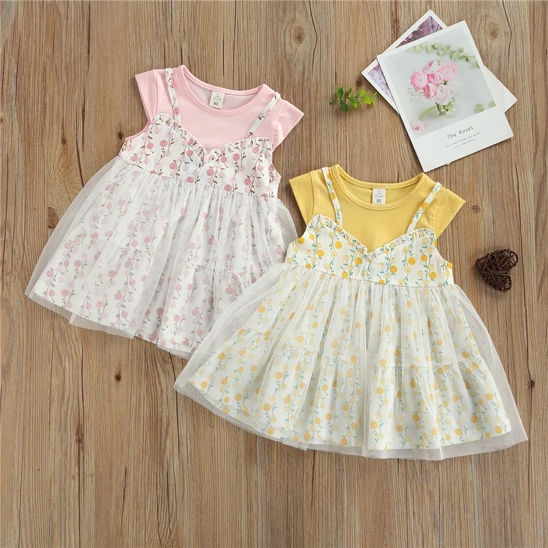 

Little Girls Breathable Mesh Splicing Princess Dress, Summer Children Creative Floral Printing Fly Sleeve False Two Pieces Dress
