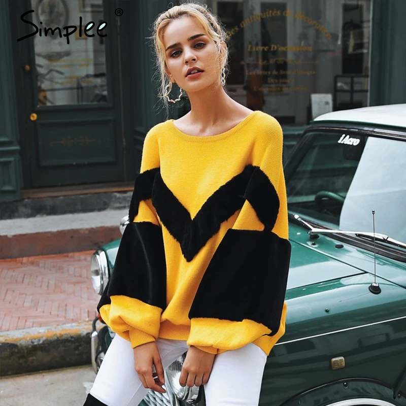 Женский свитер Simplee теплый пуловер с пэчворком из искусственного меха и рукавами