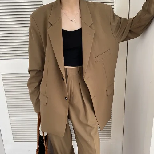 

Bornladies Office Lady Blazer Suits Vintage 2 Piece Sets Women Long Sleeve Short Blazer + High Waist Wide Leg Long Pants Outfits