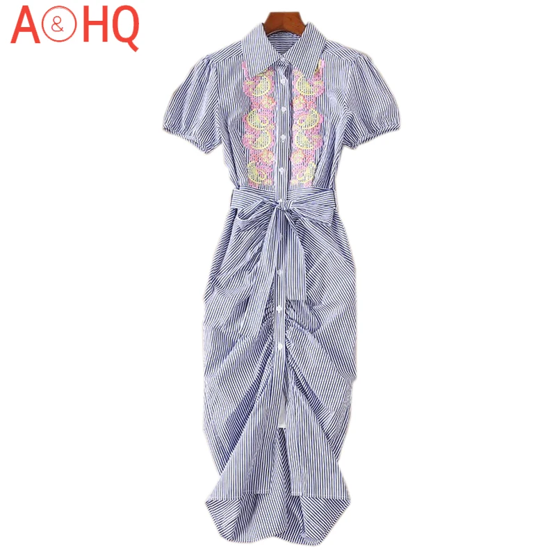 

Designer Summer Fashion New Women'S Lapel Short Sleeve Fashion Party Elegant Single Breasted Pleated Embroidered Stripe Dress