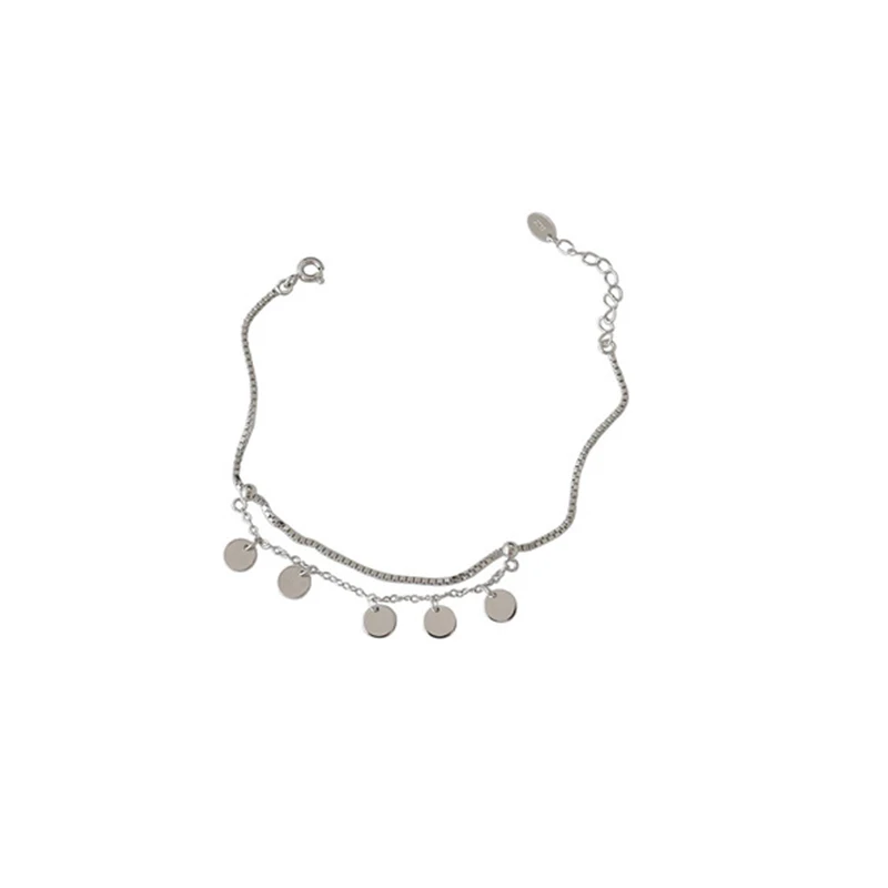 

925 Sterling Silver Bracelet Double Tassel Smooth Disc Cross Bracelet Female Silver Jewelry