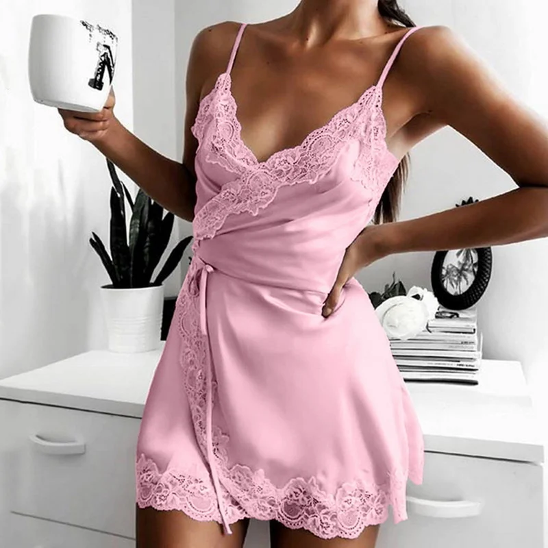 

2021 Summer Women V-neck Silk Satin Sleepwear Sexy Lace Pajamas Sling Strapped Nightdress Plus Size Bathrobe Homewear