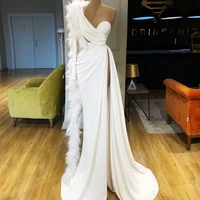 white feather evening dresses one shoulder long sleeve prom gowns sexy split custom made formal runway fashion dress