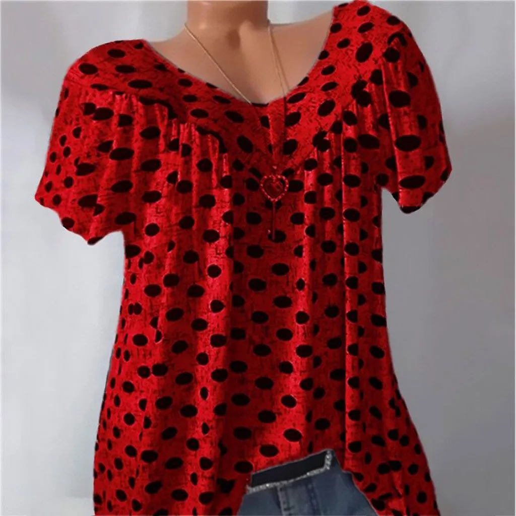 

Bohemian Style Women Large Size Casual Polka Dot Decoration V-neck Print Short Petal Sleeves Tops Shirt Blouses