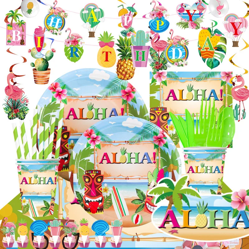 

Hawaii ALOHA Theme Party Decoration Tableware Paper Cup Plate Napkins Straw Fork Spoon Baby Shower Adult Kids Birthday Supplies
