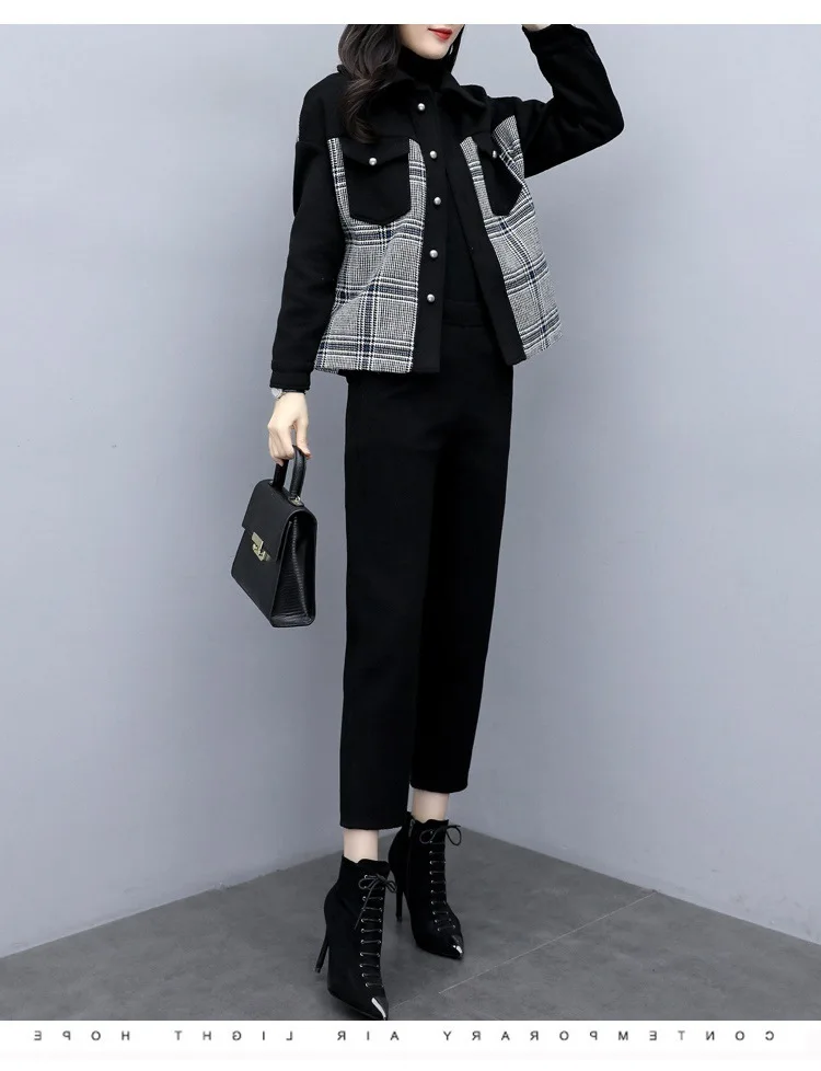 Женское шерстяное пальто из двух предметов клетчатая куртка с отстрочкой
