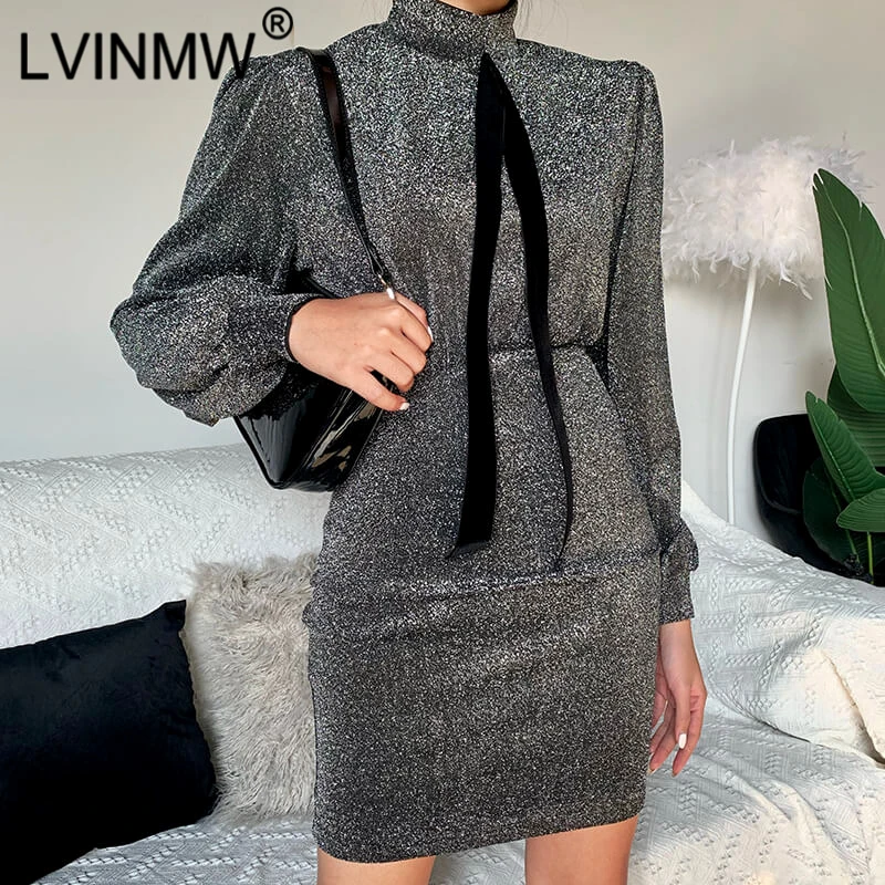 LVINMW Сексуальное Тонкое Платье с серебряной проволокой и длинным рукавом на шее