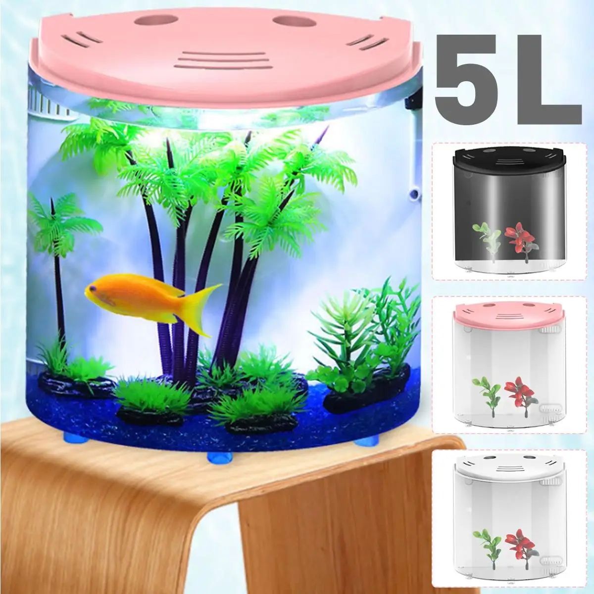 

5L USB LED Fish Tank Aquariums Half Moon Mini Aquarium Acrylic Large Capacity Home Office Desktop Aquatic Fish Pet Supplies