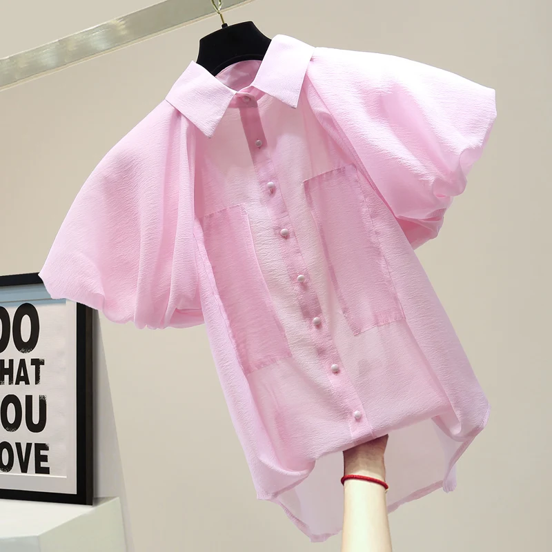 

2020 корейский стиль короткий рукав Солнцезащитная рубашка Летняя мода Темперамент Пышный рукав Повседневная универсальная шифоновая блузк...