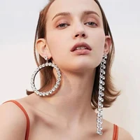 unique design rhinestone asymmetry long tassel round hoop earrings jewelry for women luxury crystal wedding drop dangle earrings
