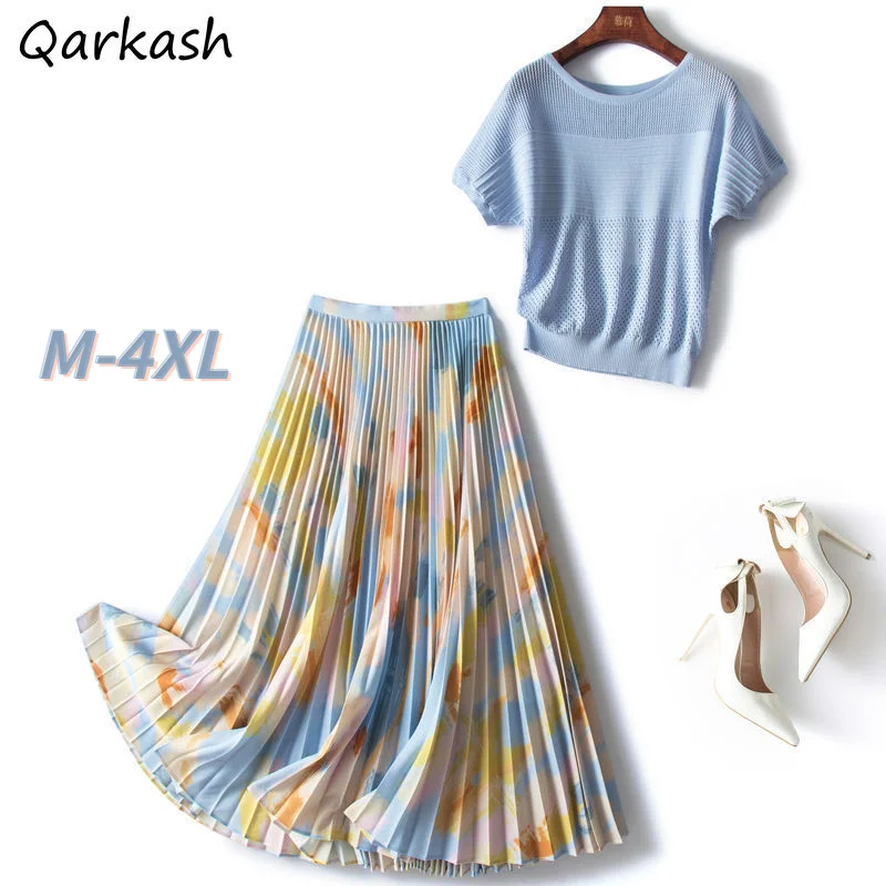 

Женские костюмы больших размеров, летняя плиссированная футболка с высокой талией, повседневная универсальная юбка, шикарная уличная одеж...