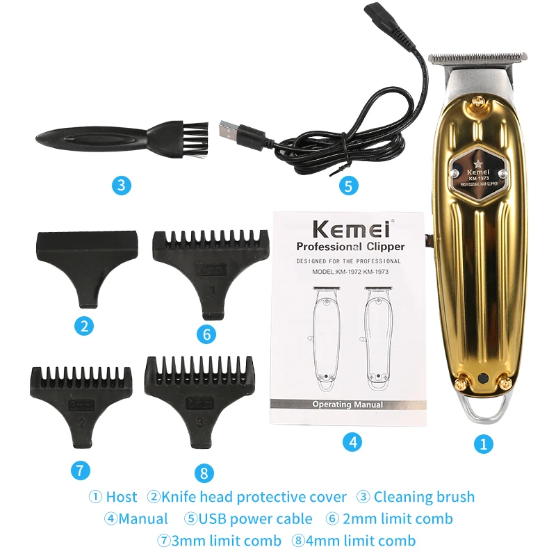

Kemei-1973 All Metal Professional Hair Clipper Men Electric Cordless Hair Trimmer Male 0mm Baldheaded T Blade Haircut Machine