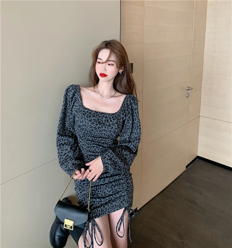 

Owner's own Collar leopard drawstring adjustable bubble sleeve leopard print Hip Wrap Dress