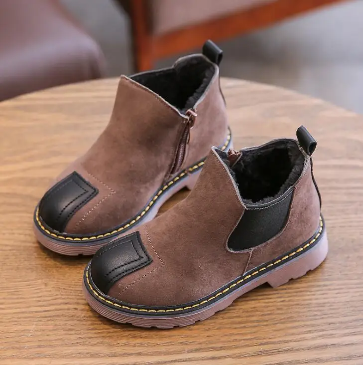 khaki Winter British Children Leather Boots Warm Wool Big Girls Short Waterproof Boots Boys Cotton Fur Shoes Baby Toddler Fashion Show - Цвет: khaki