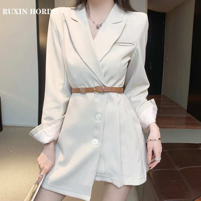 

Office Lady Dress French Style Small Fragrance Pure Color Waist Pleated Suit Design Pretty Women Clothing 2021 Spring Autumn