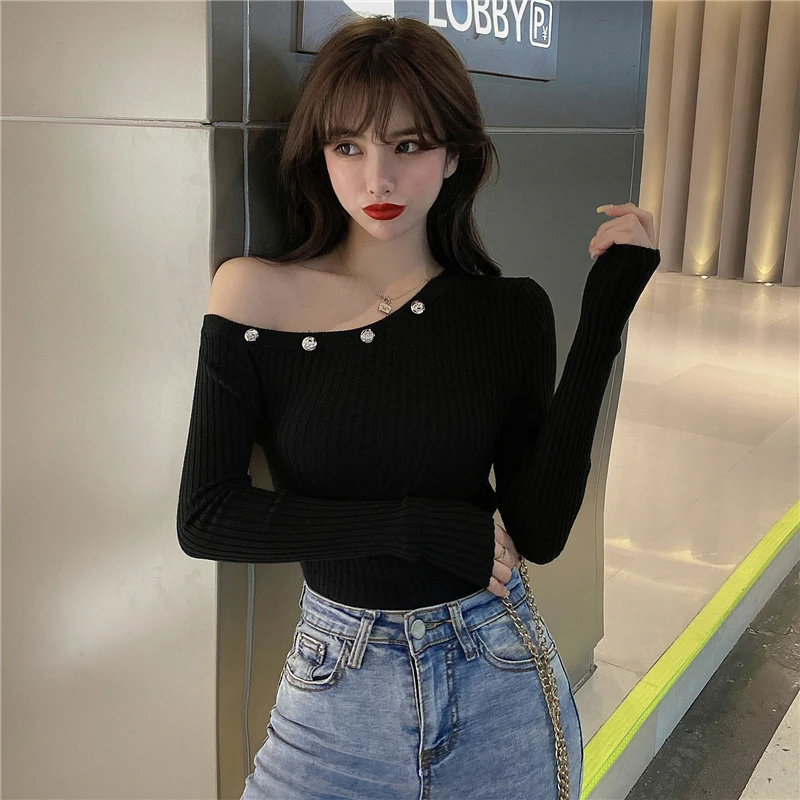 

Lucyever O-neck Buttons Off Shoulder Pullovers Women Autumn 2020 Korean Style New Slim Solid Knitted Sweaters Mujer Elegant Tops
