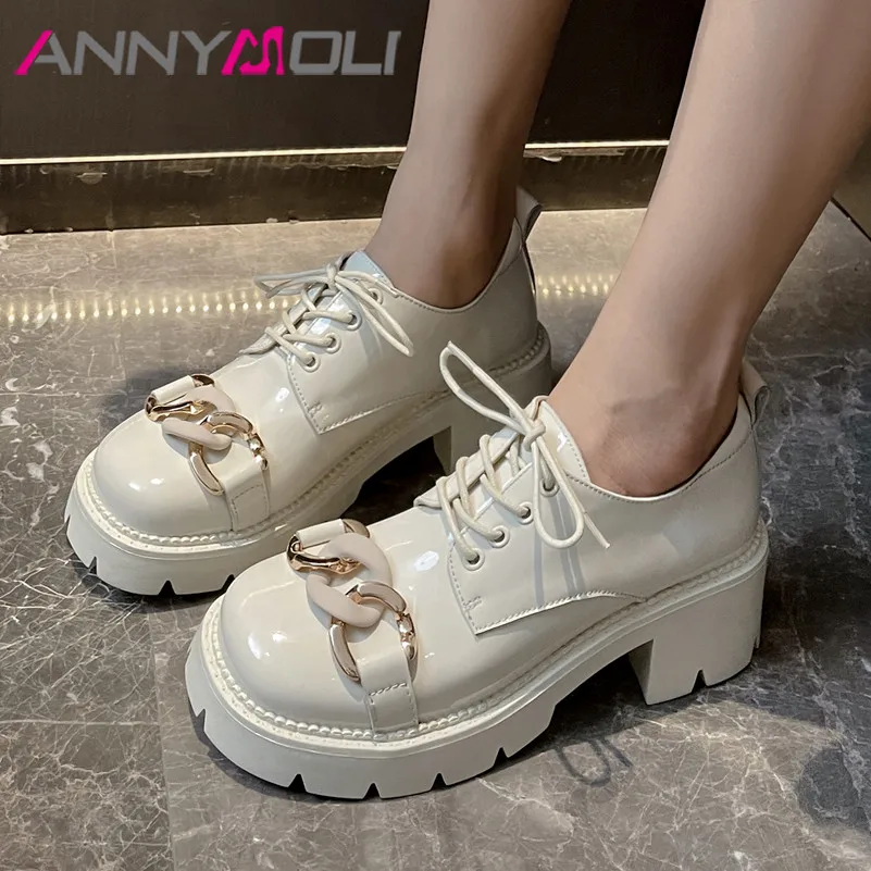 

ANNYMOLI Real Leather Thick Heels Pumps Women Platform High Heel Shoes Metal Decoration Fashion Rome Shoes Lady Lace Up Footwear