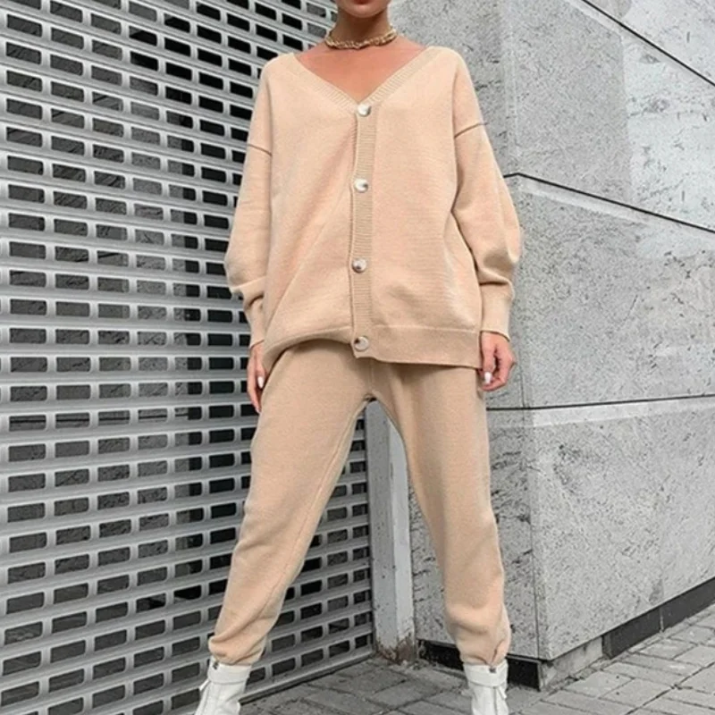 

Платье для женщин 2021 осень зима свитер комплект Повседневный свободный однотонный Кардиган с длинным рукавом вязаные брюки комплект для же...