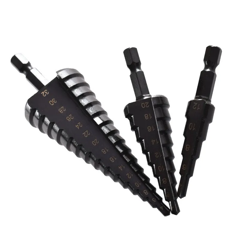 

3Pcs Black Hexagon Shank Pagoda Drill Step DrillHSS Steel Step Cone Drill Bit Set Hole Cutter Drilling Tools 4-12/20/32mm