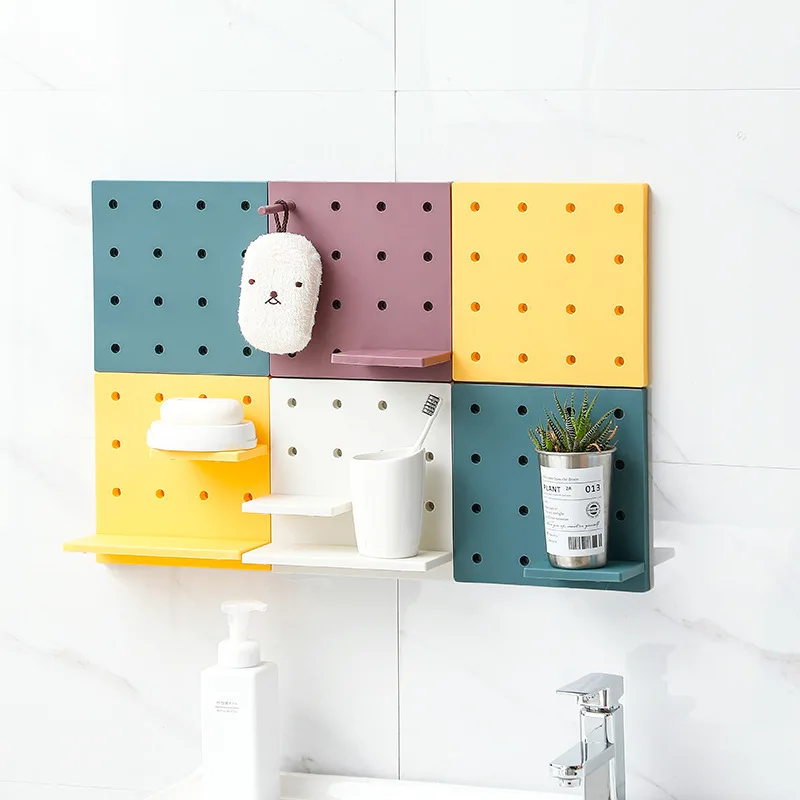 

Punch-free Household Small Storage Racks Kitchen Bathroom Shelf Wall Storage Organizer Plastic Hole Plate Organizer Hanger