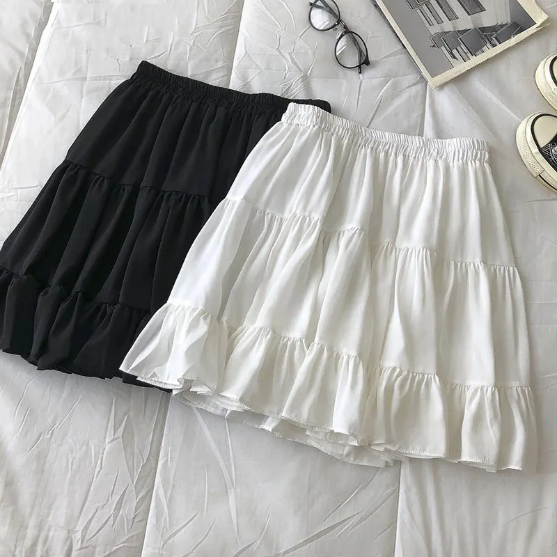 

Black White Chiffon Cute Mini Skirt Women Fashion 2022 Spring Korean School Solid A Line High Waist Shorts Skirt Female