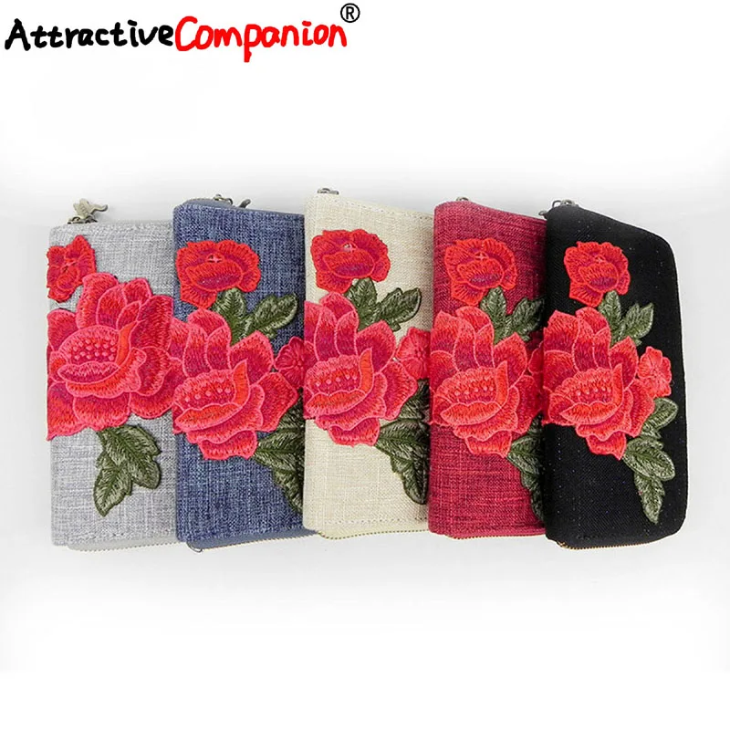 

National Embroidery Peony Flowers Women Wallet Canvas All Handmade Design Brand Decoration Purse Zipper Ladies Elegant Hand Bags