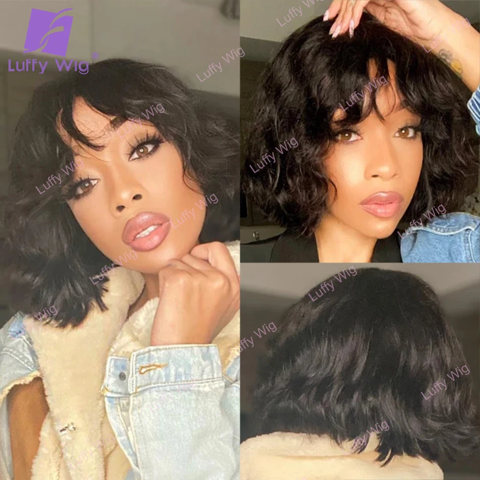 Парики с челкой Luffy для чернокожих женщин натуральные волнистые короткие парики