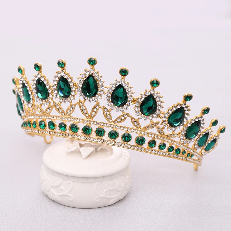 Vintag Baroque Green Crystal Crown Queen Tiara Wedding Hair Accessories Rhinestone Bridal Crown Prom Show Hair Jewelry For Bride