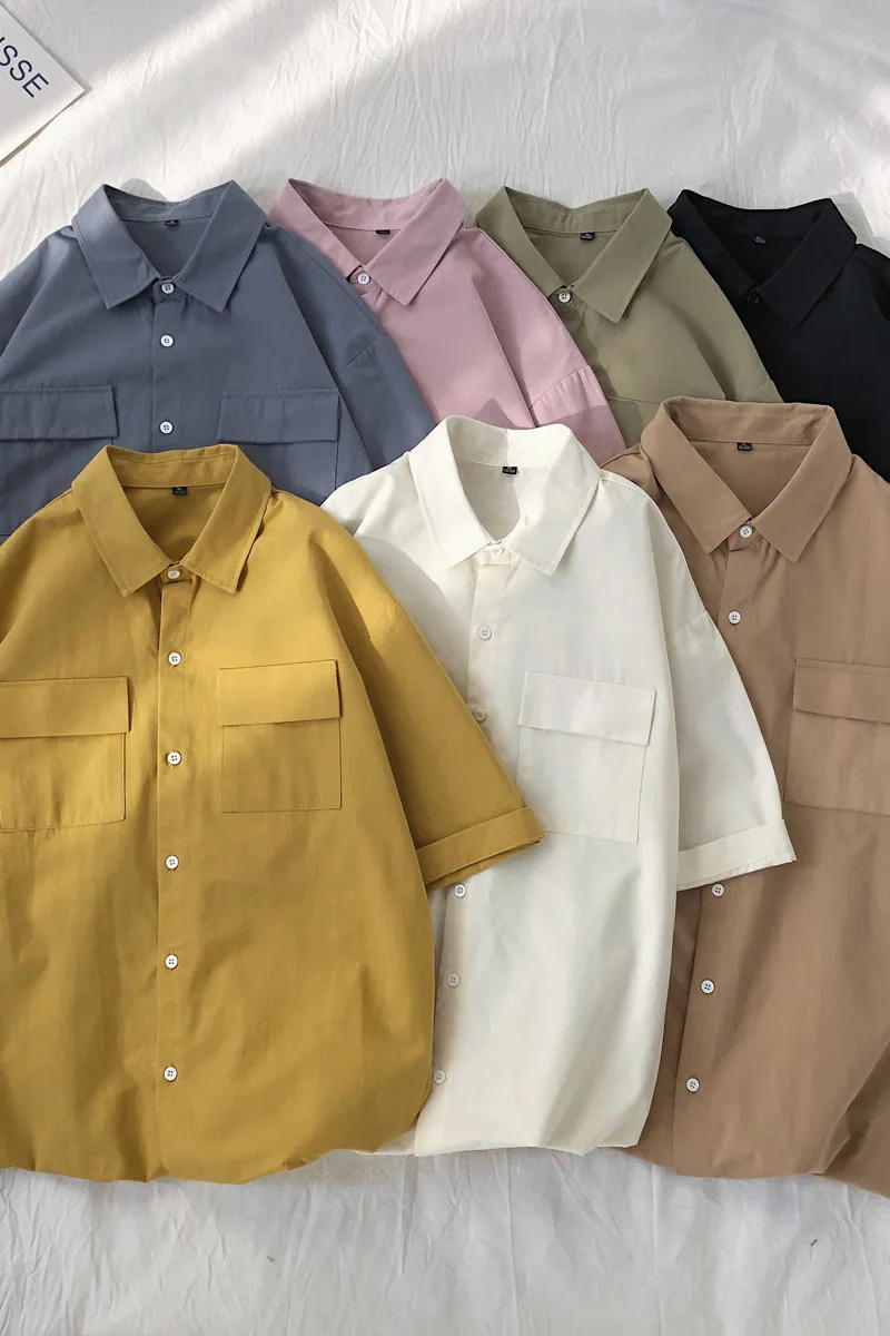 

Summer Men's Pure Cotton Solid Color Pocket Shirt Work Clothes Short Sleeve Loose Shirt M-5XL