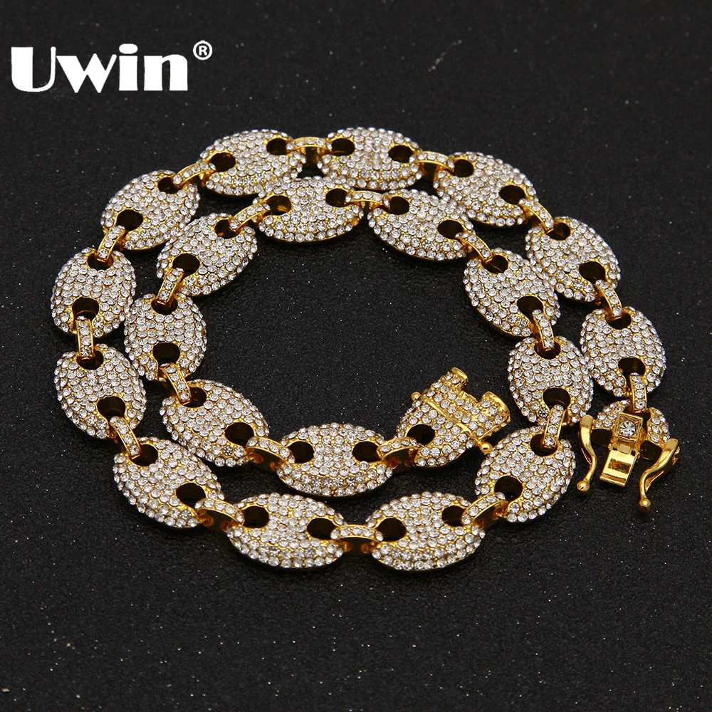 

UWIN 13mm Coffee Bean Link Rhinestone Necklace Hiphop Fashion Choker Chain Men Women Bling Bling Jewelry Necklace