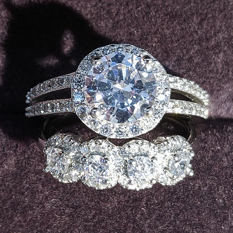 2020 Новое поступление роскошный круглый 925 серебро набор обручальных колец для