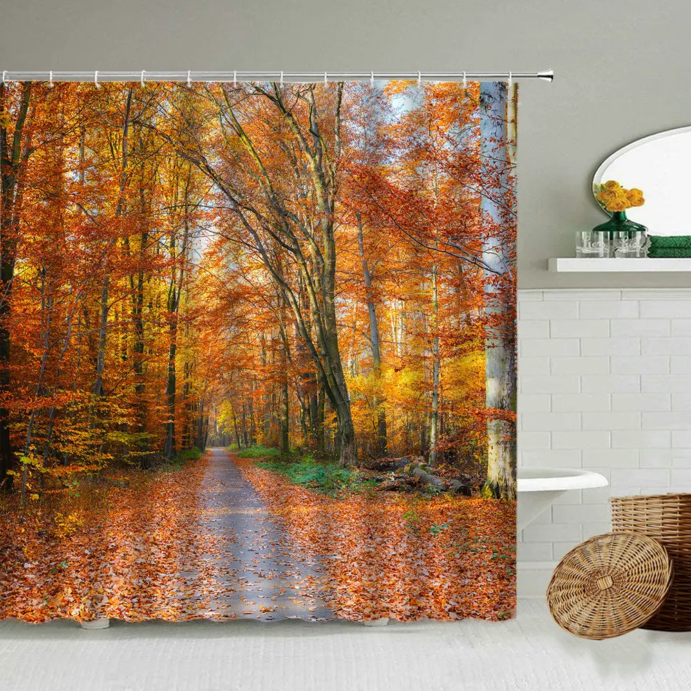 

Autumn Forest Scenery Shower Curtain Maple Trees Road Path Park Landscape With Hook Hanging Waterproof Cloth Curtains Home Decor