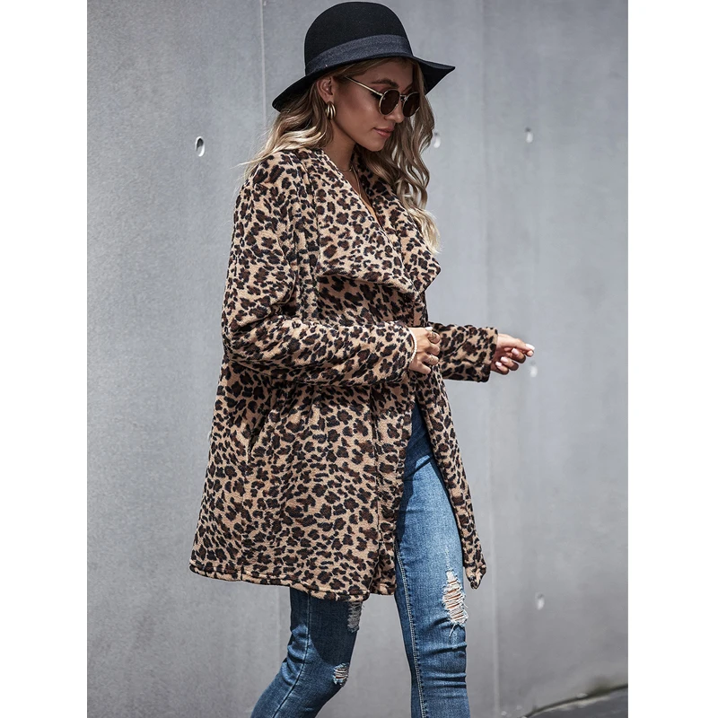

NicePop Fashion Loose Women Woolen Jacket Long Sleeve Coat Leopard Print Medium Length Female Outerwear Streetwear Chic Overcoat