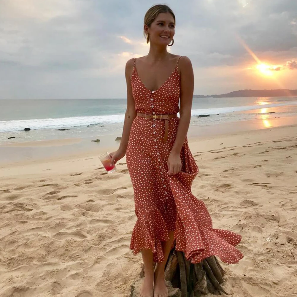 Women Dot Print V neck Backless Boho Long Maxi Dress Woman Party Dresses Summer Beach Sundress Streetwear Vestidos 2019 NEW | Женская