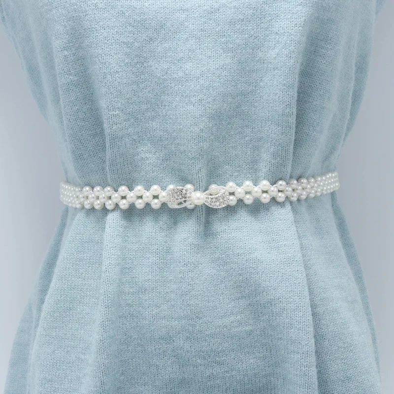 Women's new bead chain belt Hot versatile fashion pearl diamond flower waist Dress decorative Bow buckle elastic | Аксессуары для