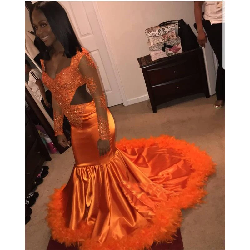 

Orange Feather Long Mermaid Prom Dresses New Long Sleeve Applique Sweep Strain Beading Scoop Neck Formal Evening Gowns Party
