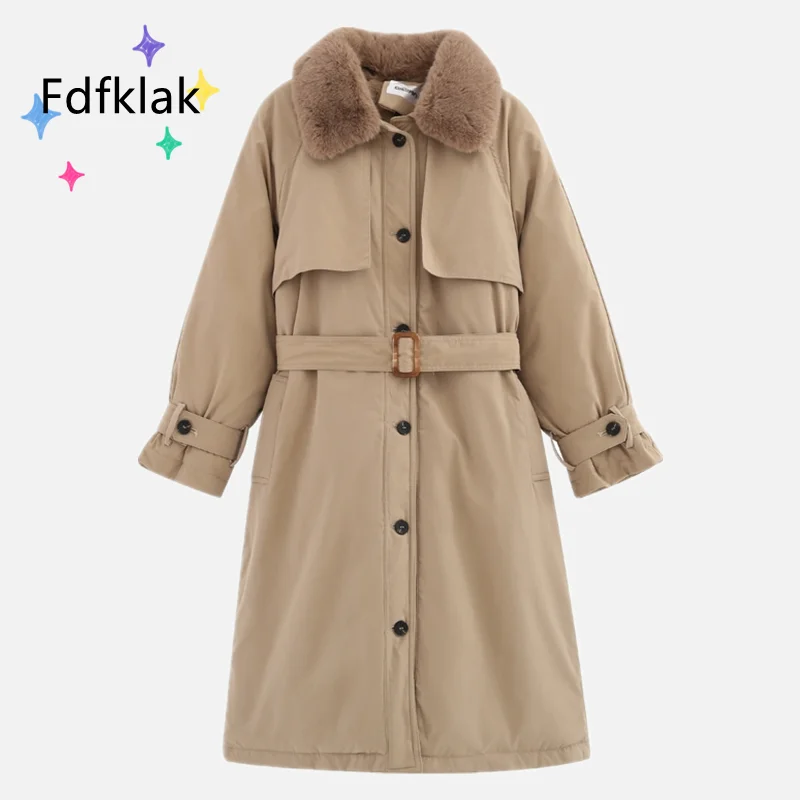 Fdfklak New Large Size Mid-Length With Belt Cotton Quilted Jacket Loose Tooling Plus Velvet Windbreaker Jacket Parkas Woman 2021