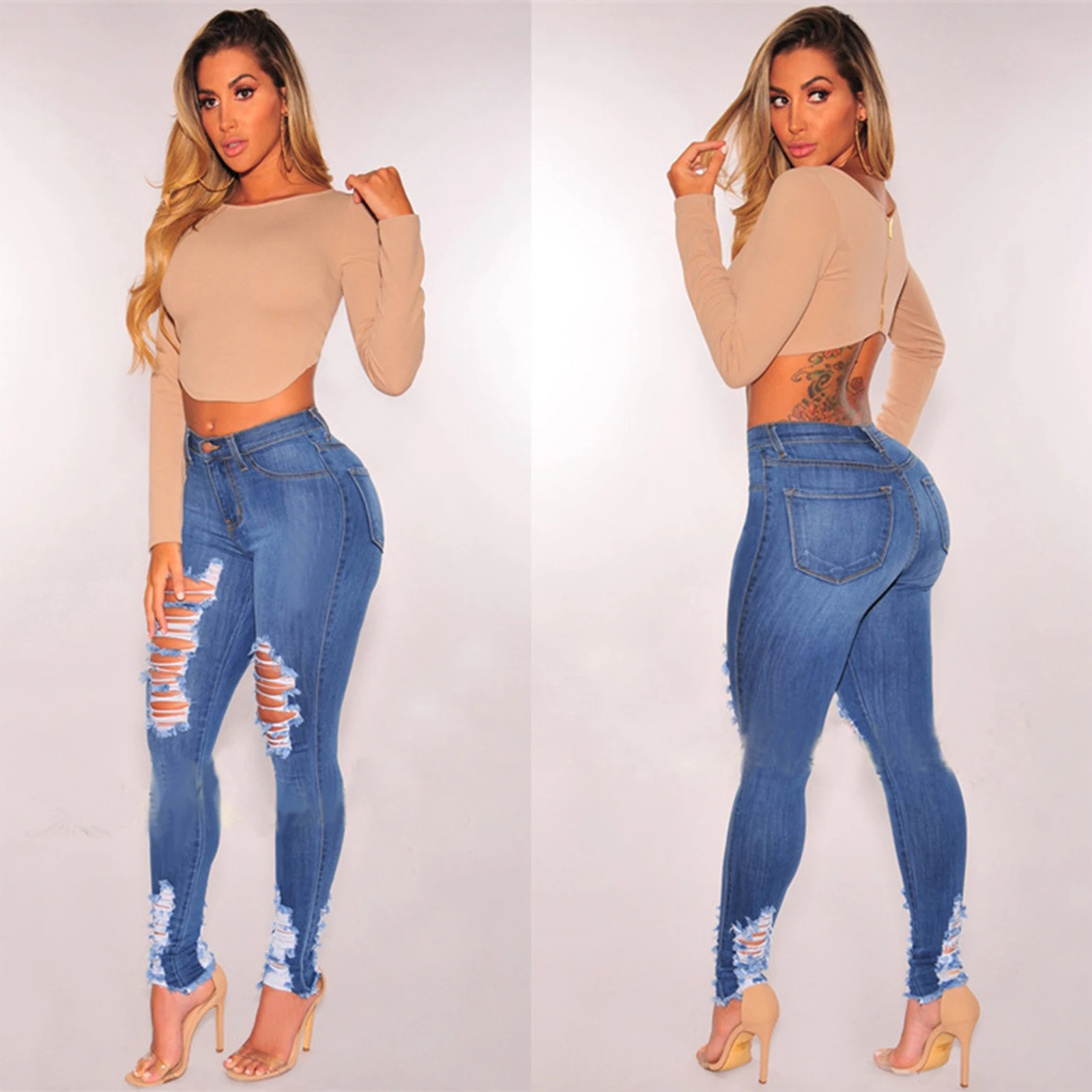 

New Summer Women Sexy Skinny Stretch Ripped Jeans Fashion Irregular Hollow Out High Waist Slim Pants Trousers Party Outfits 2021