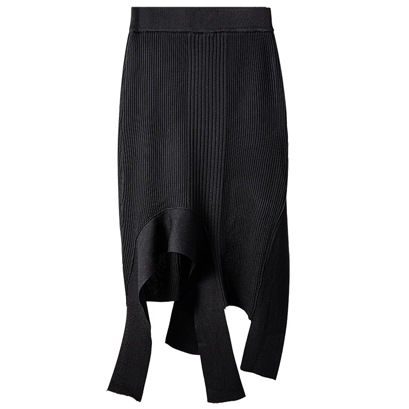 

[DEAT] Black High Waist Mid Calf Dress Women Irregular Hem Knitted Skirt With Buttocks Mall Goth 2021 Spring And Summer GX913