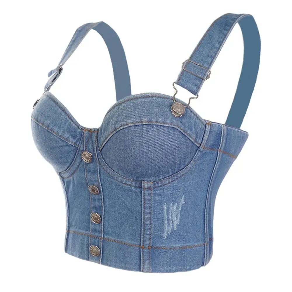 Fashion Sexy Denim Jeans Women's Button Bra Night Club Party Cropped Top Vest Plus Size