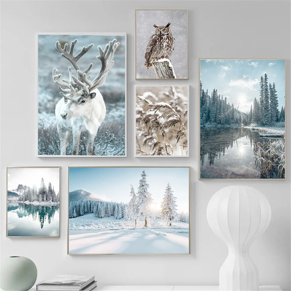 

Настенная Картина на холсте с изображением оленя, леса, цветов, озера, снега, совы, пейзажа, зимние плакаты и принты, картины, домашний декор, ...