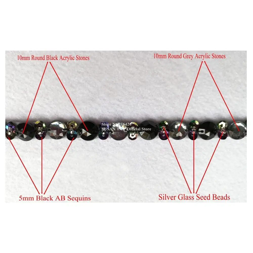 1 ярд х Новинка ручной работы 2 тоновое черное/серое украшенное бисером блестками