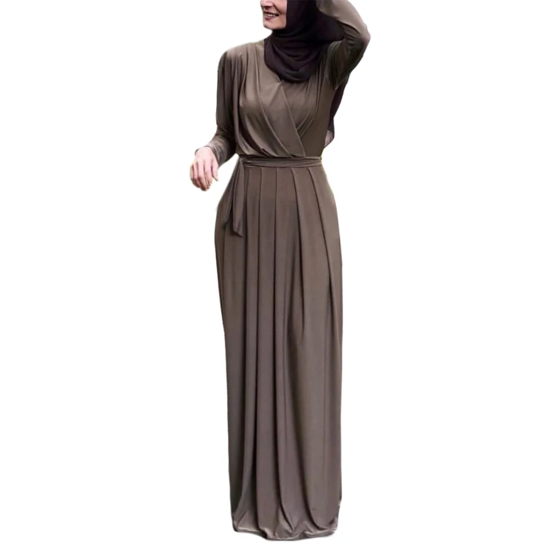 

Women Muslim Long Sleeve Abaya Maxi Dress Ruched V-Neck Belted Robe Dubai Kaftan XX9D